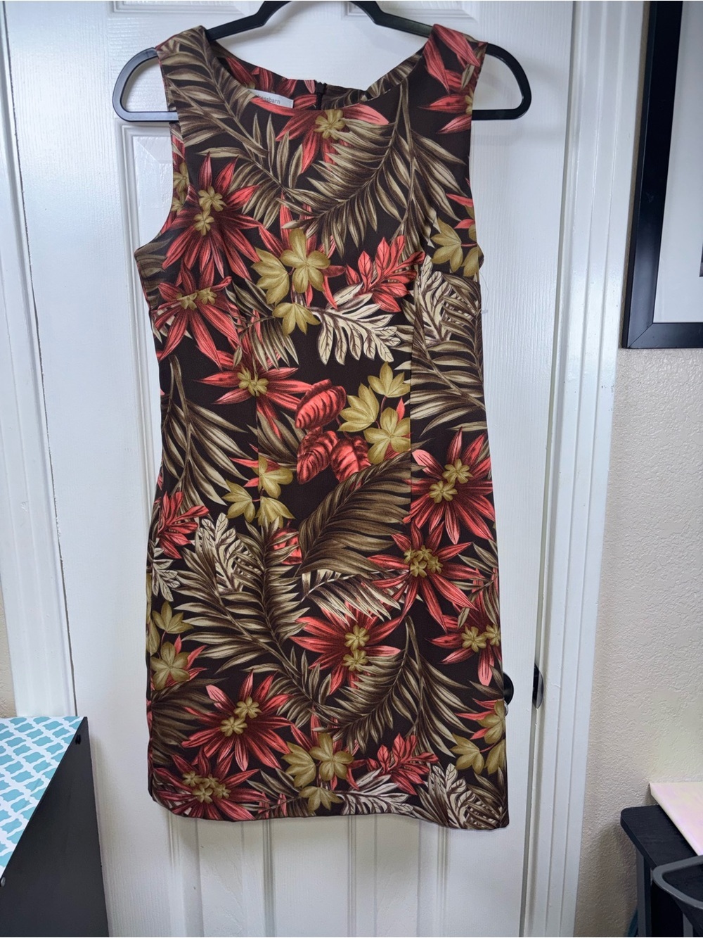 Dressbarn Brown Floral Tropical Mini Dress with Coral and Olive Accents size 8